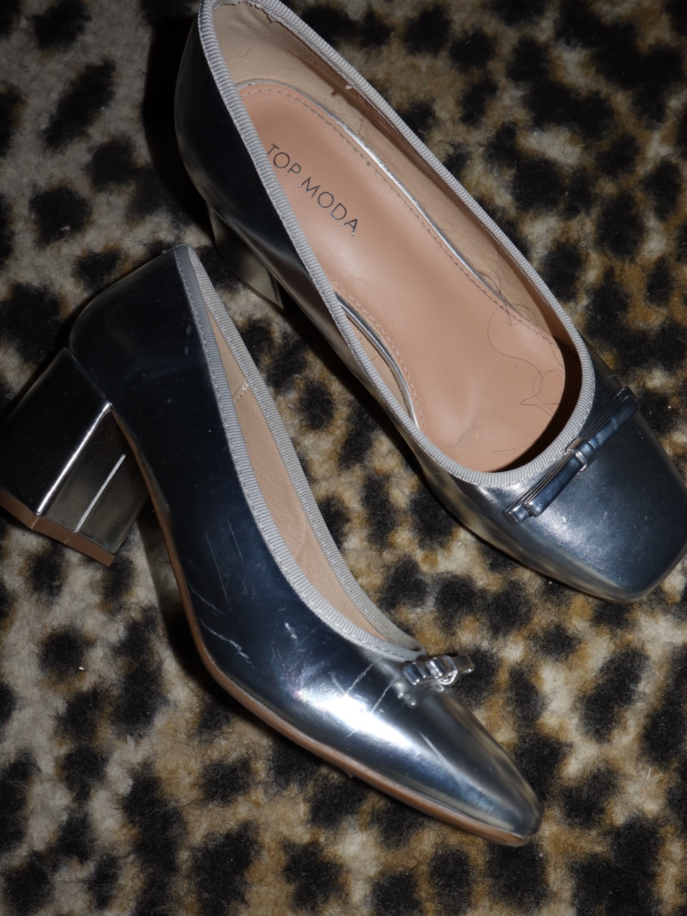 TOP Moda Metallic Silver Low Block Heel Pumps with Bow Accent